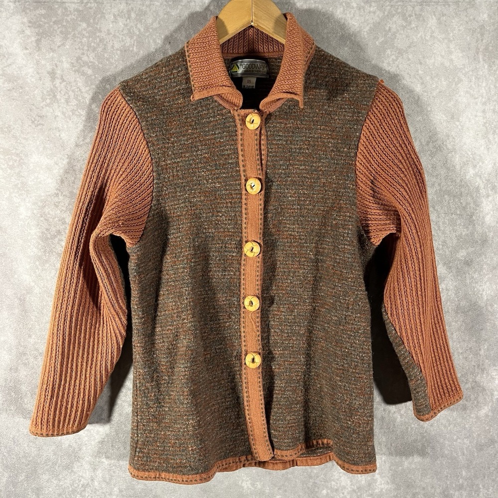 Goodway Cardigan Sweater Womens 115 Brown Rust Mixed Knit Ribbed Button Front